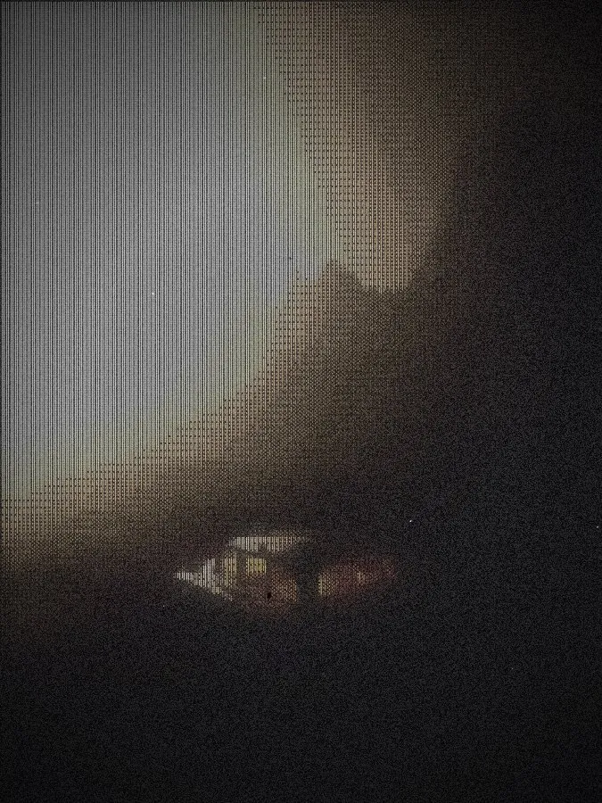 The Film Braille recipe: A landscape in fine braille dots over a faint, soft copy of the photo, with a vintage grade, film grain, dust and a vignette — like an old projected print.