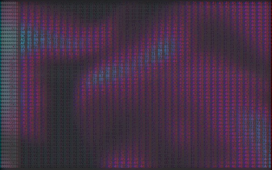 The Flow Hex recipe: A neon flow shader written out as a hex dump over a soft glow of itself, broken up by glitch slices, fringing and scan lines. Animated.