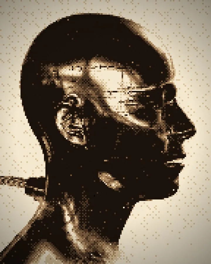 The Chrome Print recipe: A chrome head dithered to six sepia tones, like a darkroom print, with film grain, a few specks of dust and a soft vignette.