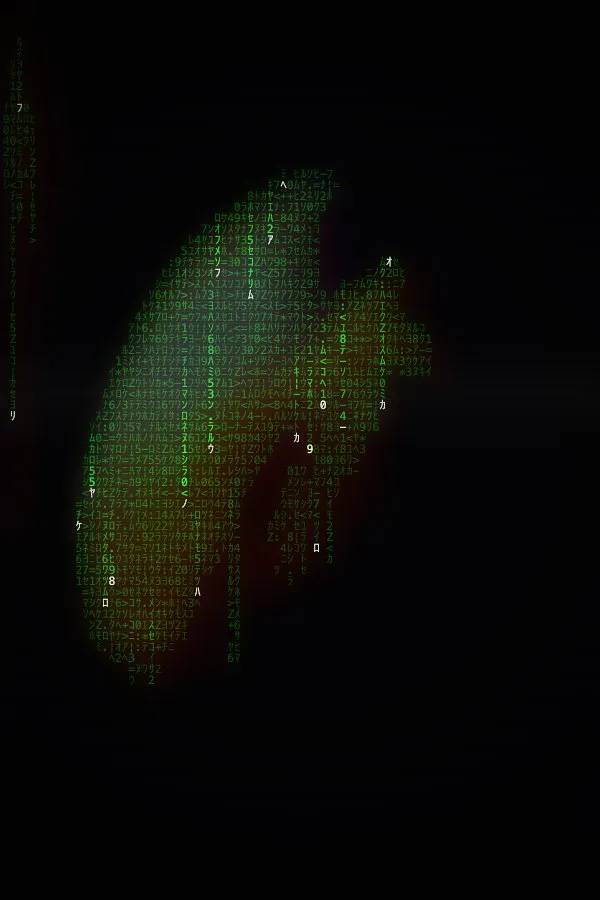 The Matrix Rain recipe: Falling katakana streams that light up a portrait over a dim blurred copy of it, with edge emphasis, glow and scan lines. Animated.