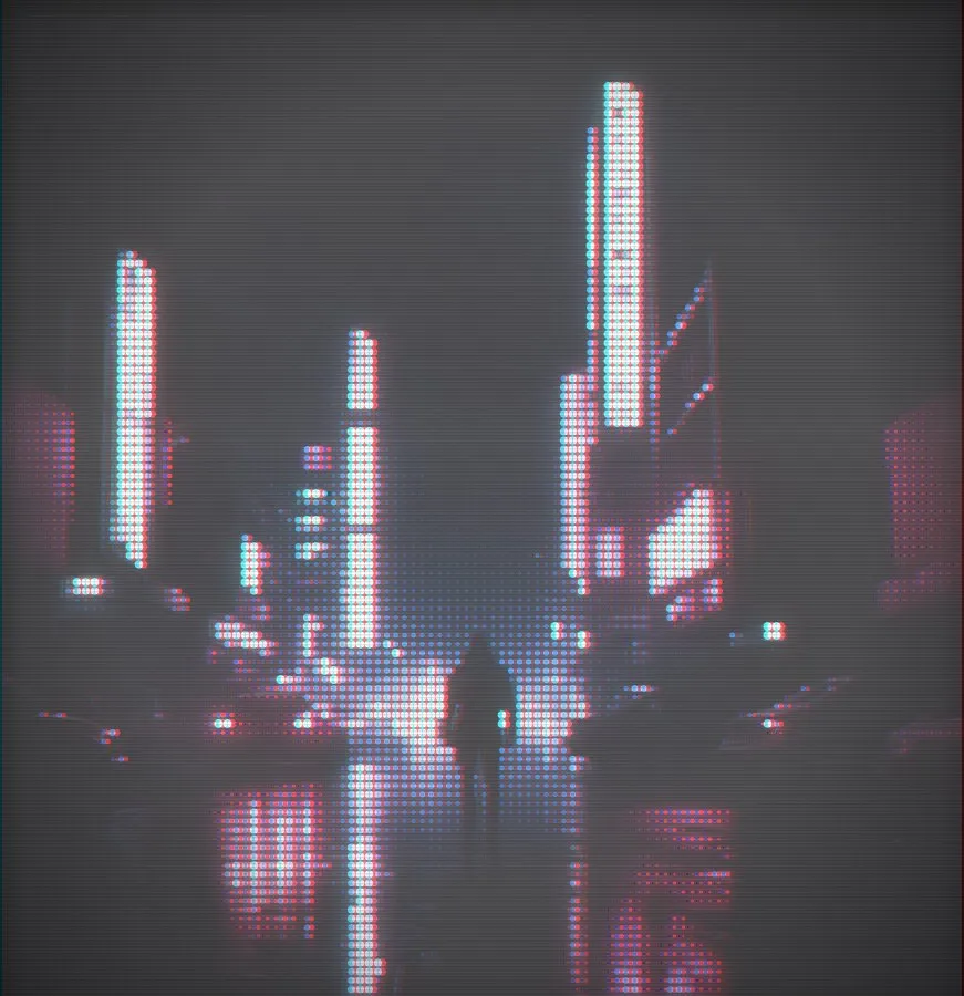 The Neon Skyline recipe: A night street whose signs and reflections become glowing dots over the photo, pushed through the Cyber grade with bloom and fringing.