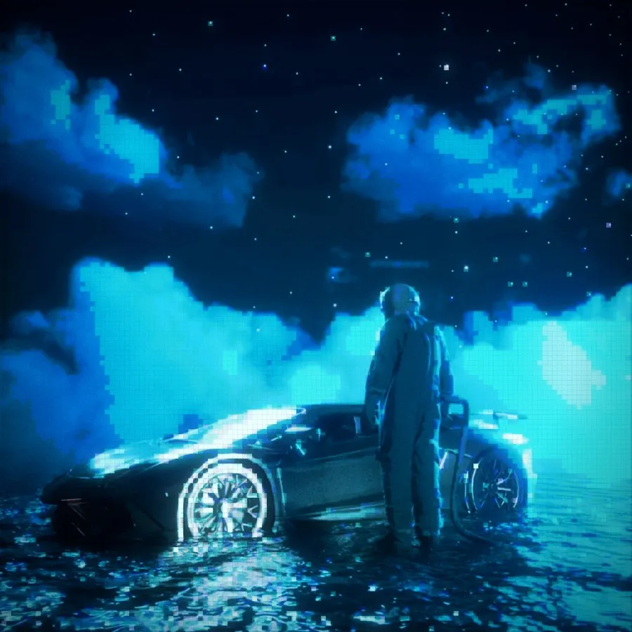 The Nightglass recipe: A night scene where the clouds and the light on the water become glowing pixel blocks over the photo, in a cold cyan grade.
