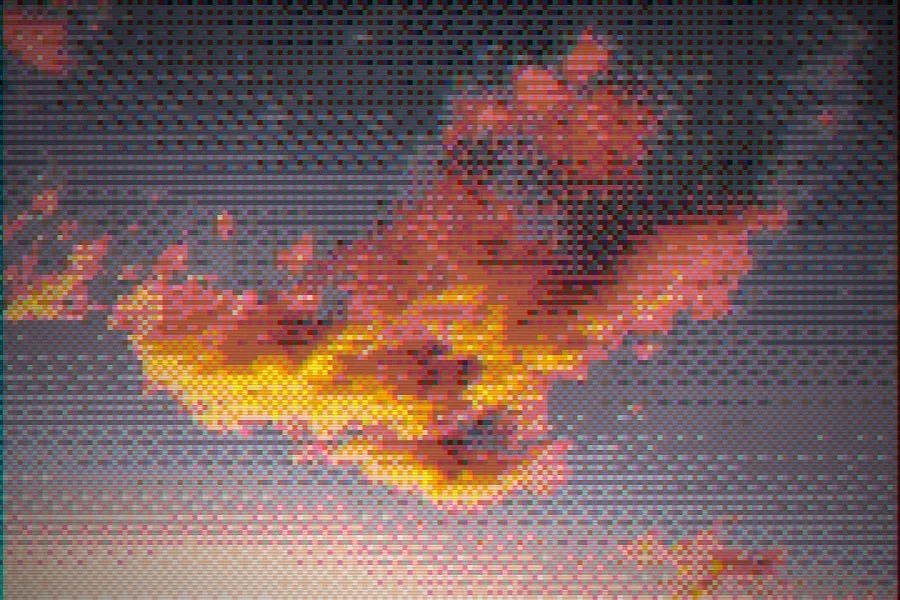The PICO-8 Clouds recipe: Billowing clouds dithered to the 16-colour PICO-8 palette, on a tube screen with scan lines and colour fringing.