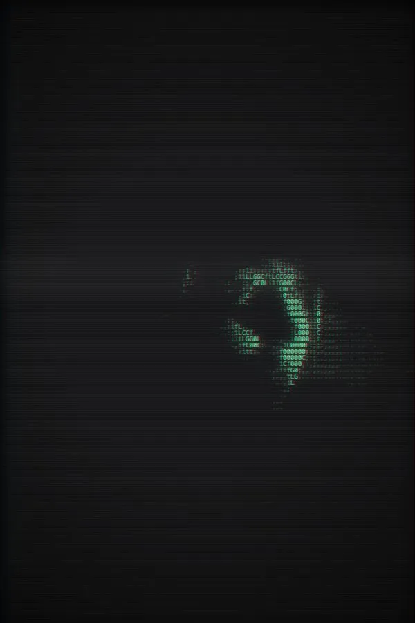 The Terminal Portrait recipe: A portrait whose lit side becomes green code characters on a near-black terminal, a faint ghost of the photo behind, with scan lines and phosphor bloom.