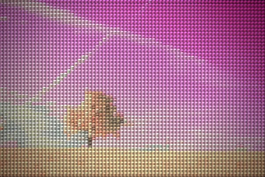 The Voxel Garden recipe: A lone tree rebuilt from isometric cubes over a soft blurred copy of the photo, in a warm grade with a gentle glow.