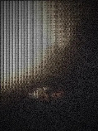 The Film Braille recipe: A landscape in fine braille dots over a faint, soft copy of the photo, with a vintage grade, film grain, dust and a vignette — like an old projected print.
