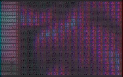 The Flow Hex recipe: A neon flow shader written out as a hex dump over a soft glow of itself, broken up by glitch slices, fringing and scan lines. Animated.