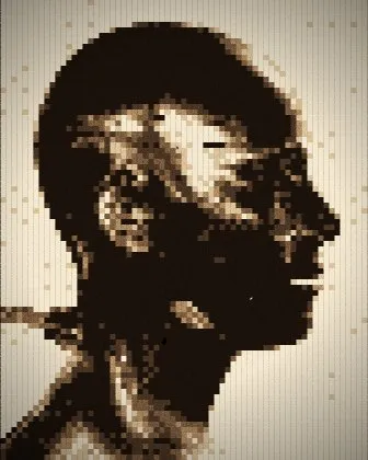 The Chrome Print recipe: A chrome head dithered to six sepia tones, like a darkroom print, with film grain, a few specks of dust and a soft vignette.
