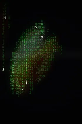 The Matrix Rain recipe: Falling katakana streams that light up a portrait over a dim blurred copy of it, with edge emphasis, glow and scan lines. Animated.