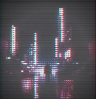 The Neon Skyline recipe: A night street whose signs and reflections become glowing dots over the photo, pushed through the Cyber grade with bloom and fringing.