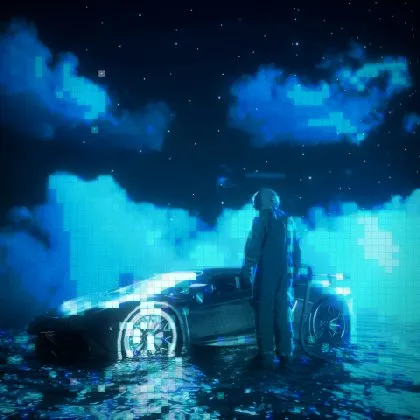 The Nightglass recipe: A night scene where the clouds and the light on the water become glowing pixel blocks over the photo, in a cold cyan grade.