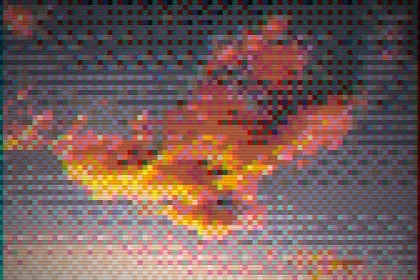 The PICO-8 Clouds recipe: Billowing clouds dithered to the 16-colour PICO-8 palette, on a tube screen with scan lines and colour fringing.