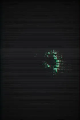 The Terminal Portrait recipe: A portrait whose lit side becomes green code characters on a near-black terminal, a faint ghost of the photo behind, with scan lines and phosphor bloom.
